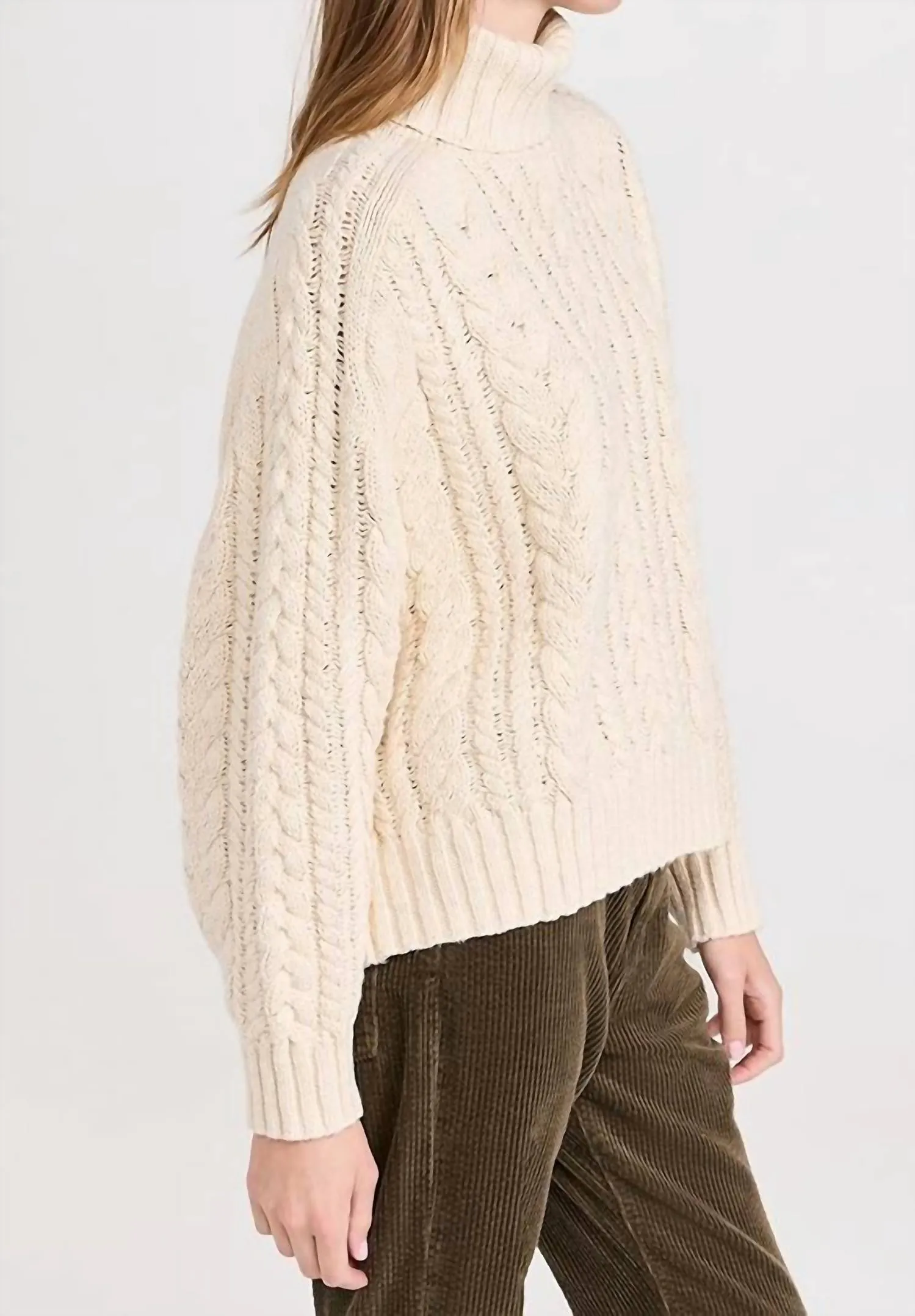 Cable Turtleneck Sweater In Ecru Slub