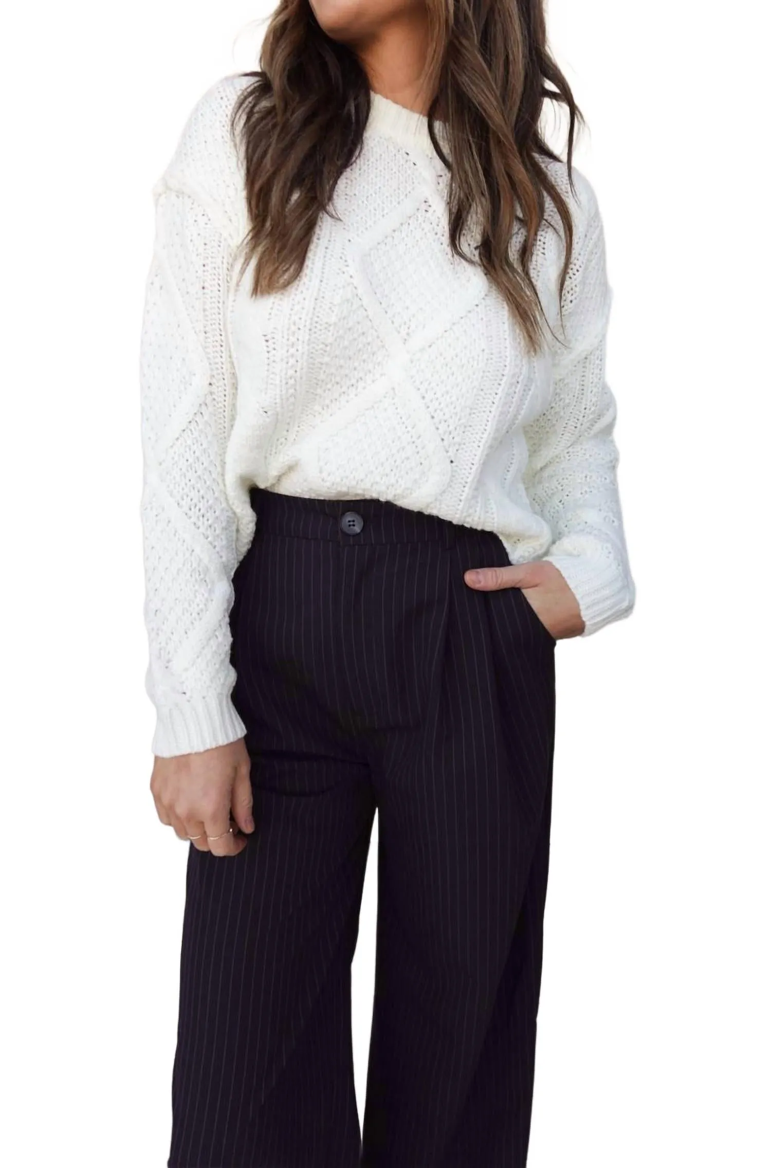 Cableknit Crewneck Sweater In White