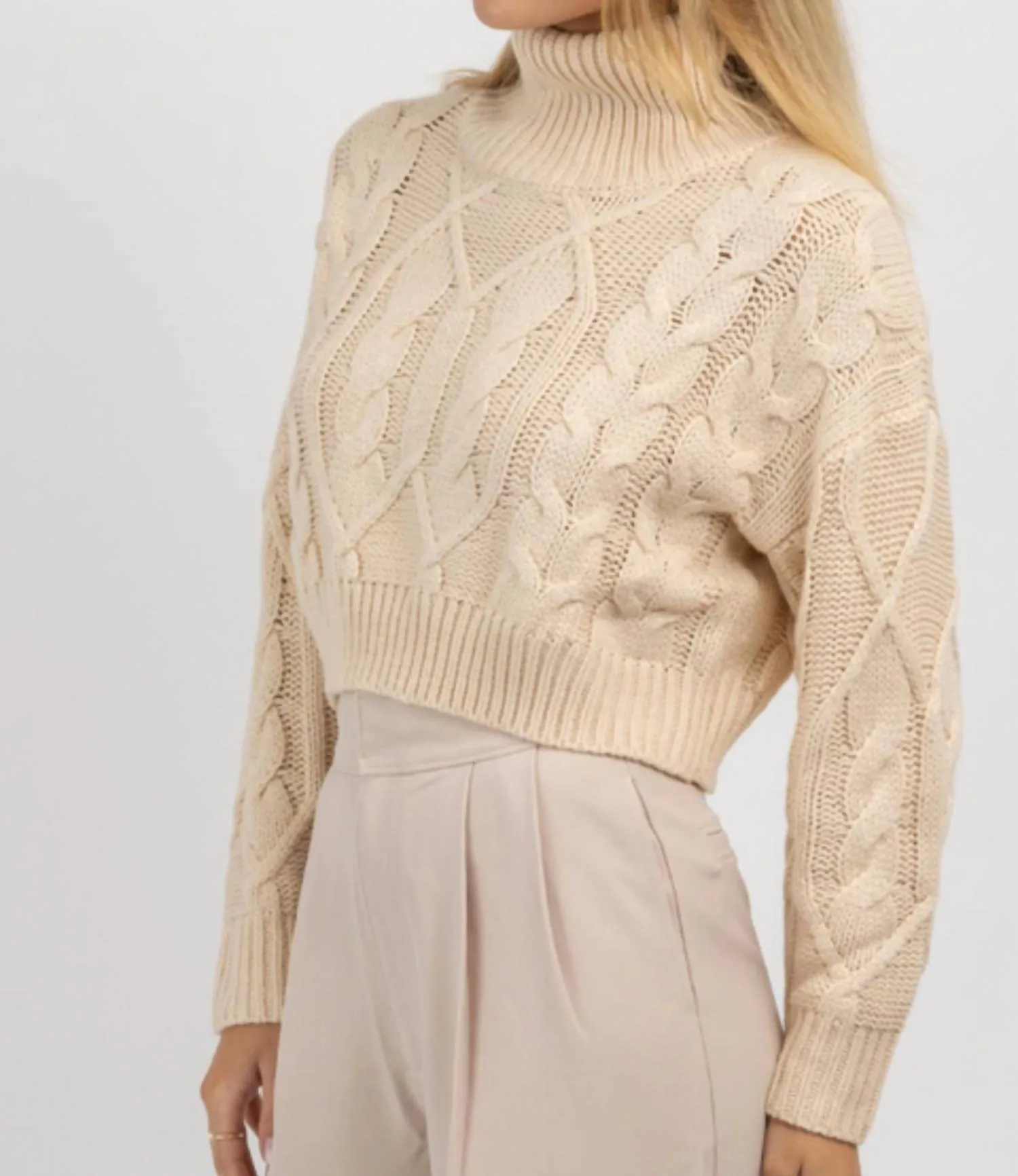 Cableknit Turtleneck Crop Sweater In Neutral