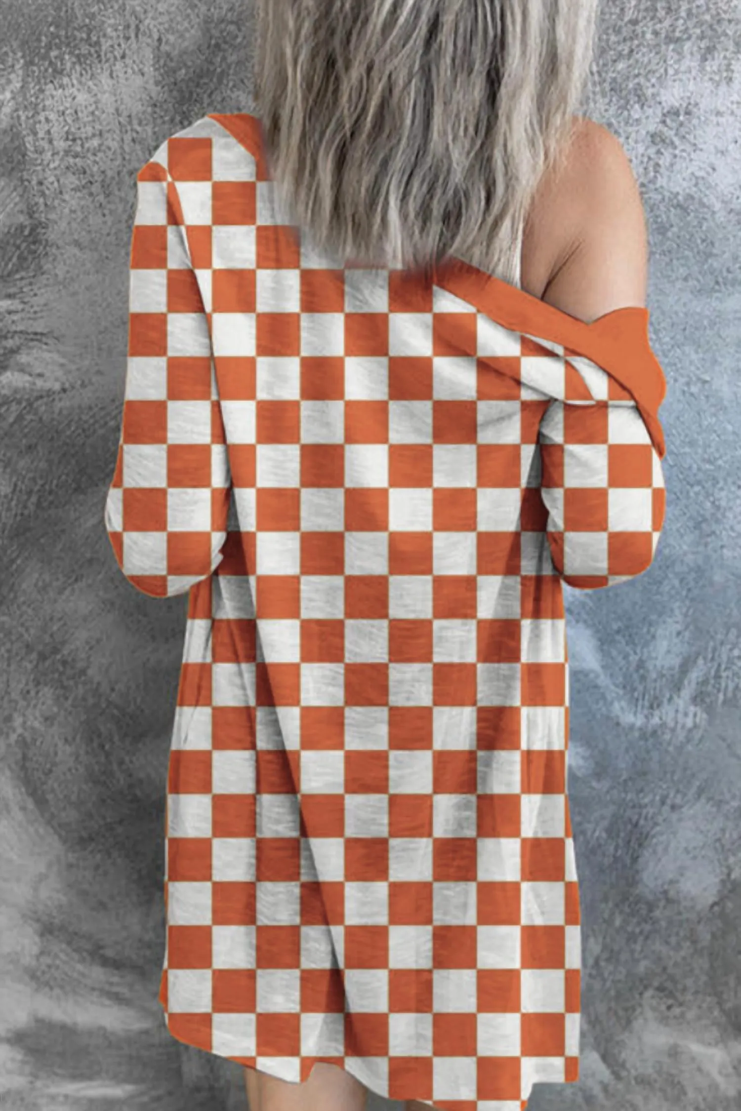 Checkered Button Up Long Cardigan In Tangerine