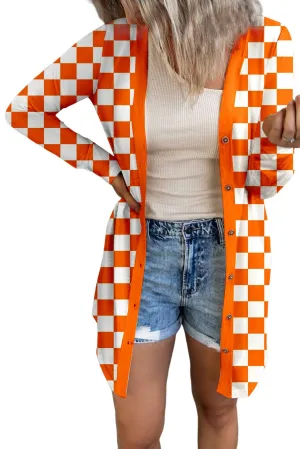 Checkered Button Up Long Cardigan In Tangerine