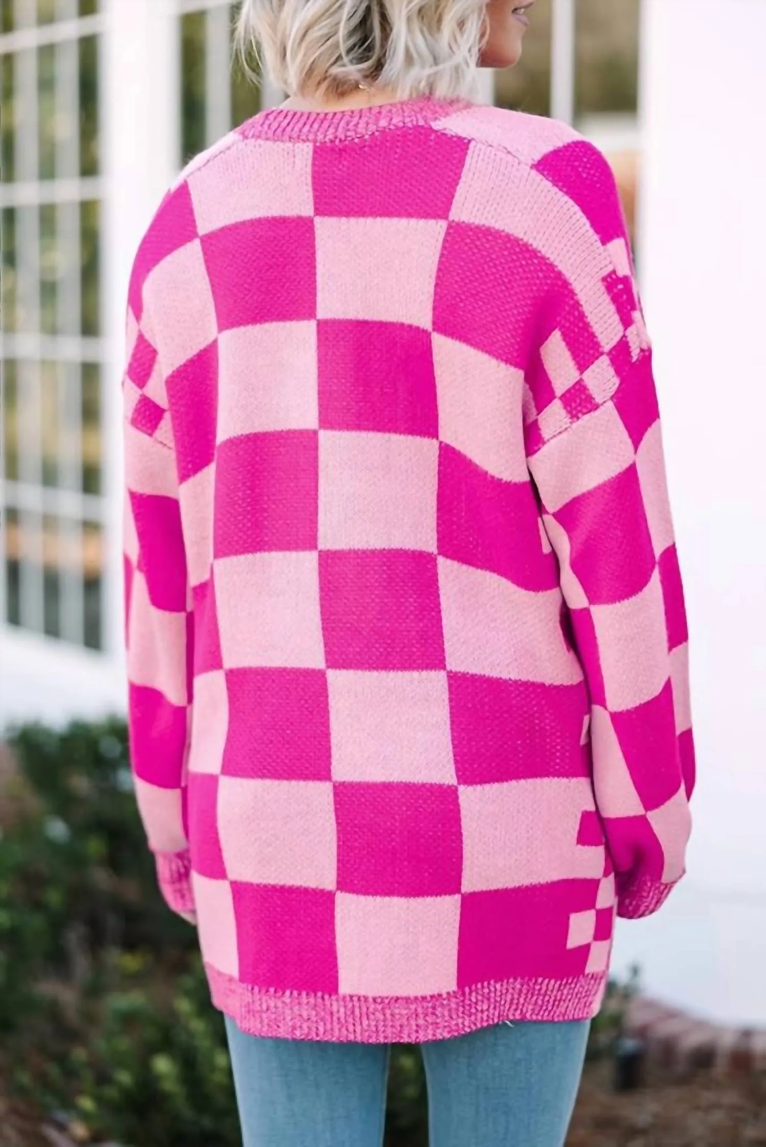 Checkered Open Front Knit Cardigan In Pink