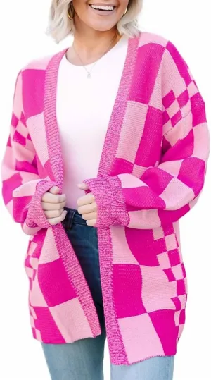 Checkered Open Front Knit Cardigan In Pink