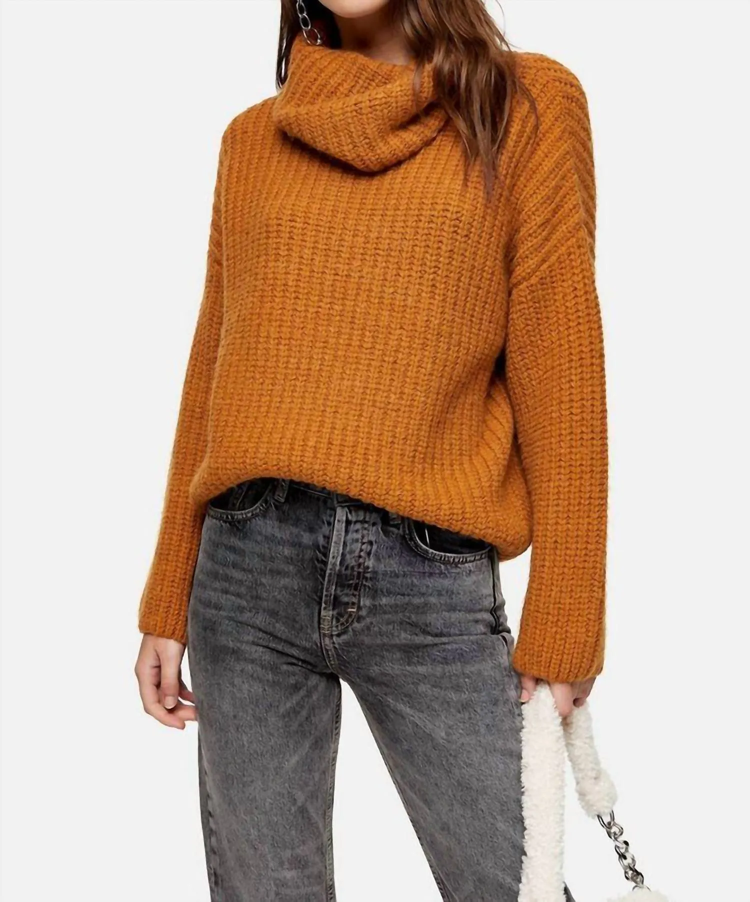Chunky Knit Turtleneck Relaxed Sweater In Brown