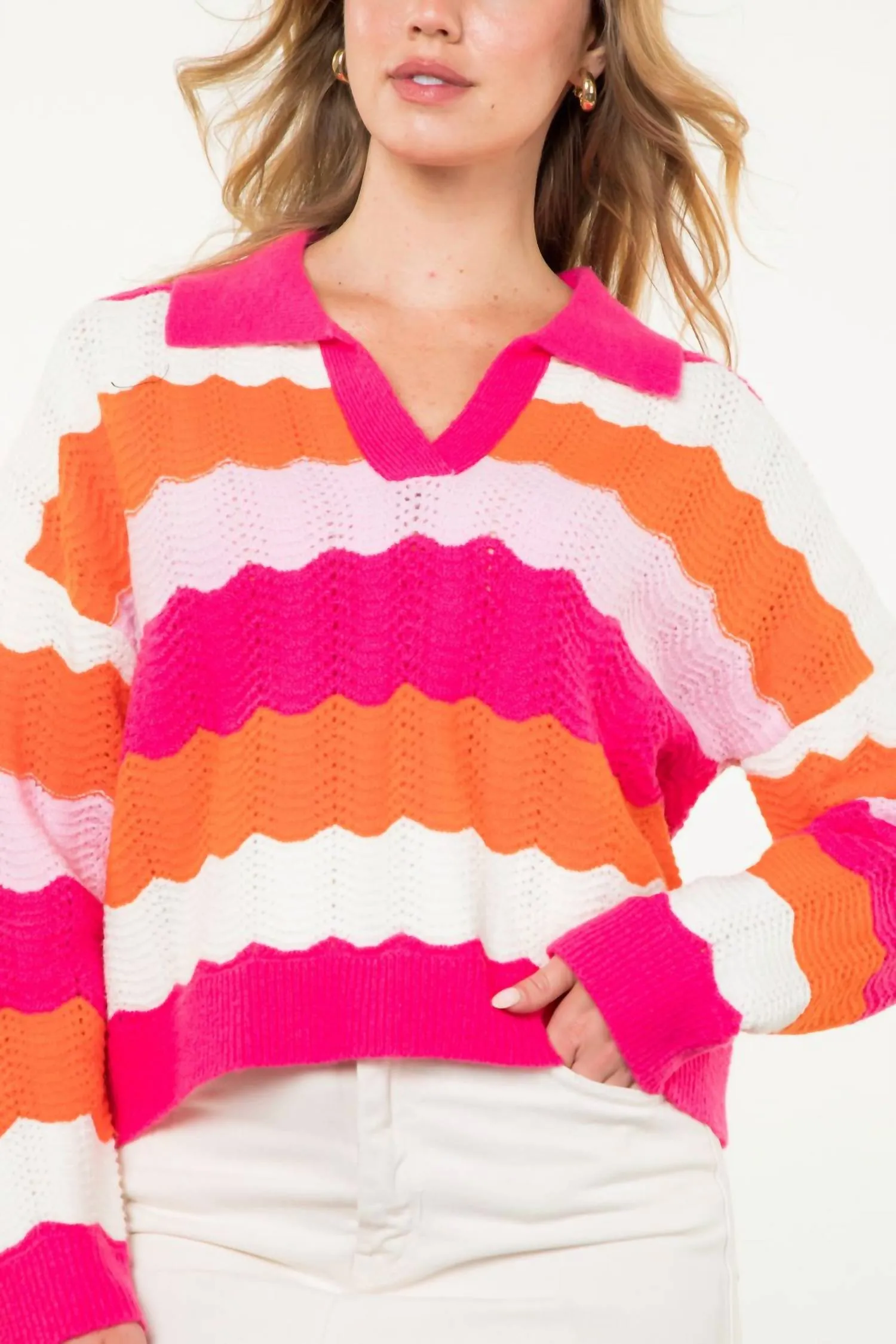 Collared Striped Sweater In Pink