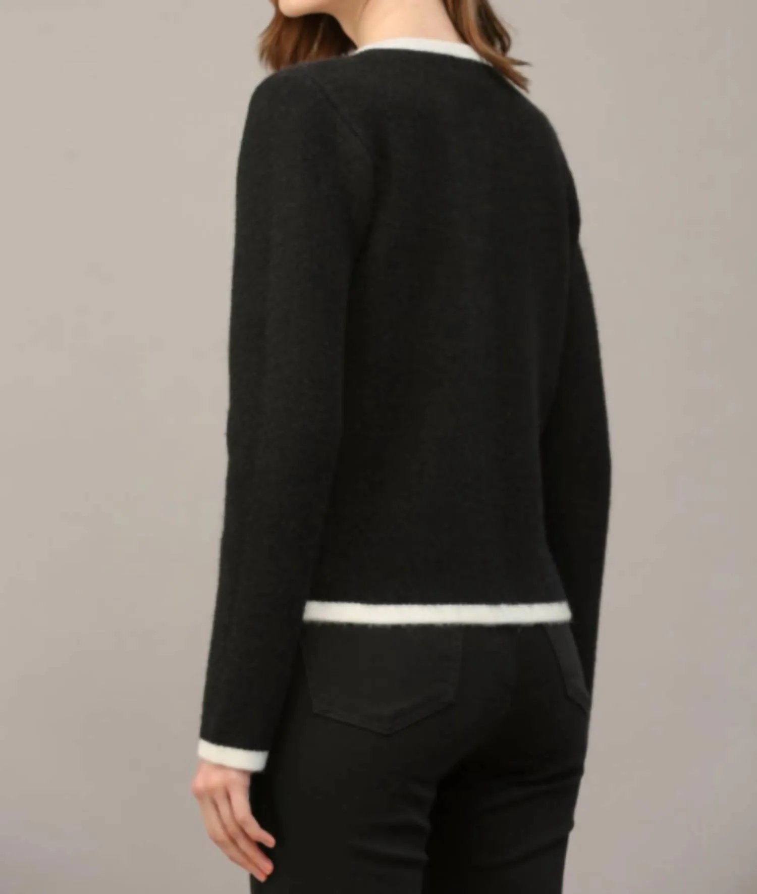Color Block Cardigan With Pearl Button In Black/cream