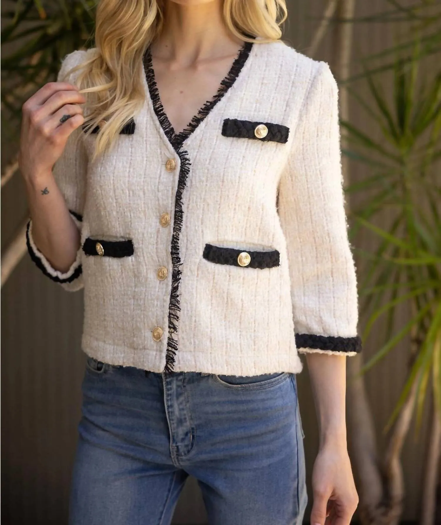 Contrast Braid Gold Button Tweed Jacket In Cream