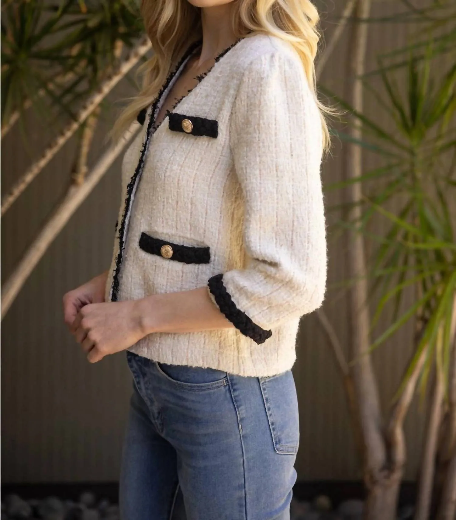 Contrast Braid Gold Button Tweed Jacket In Cream