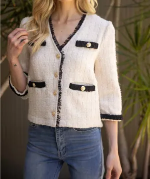 Contrast Braid Gold Button Tweed Jacket In Cream