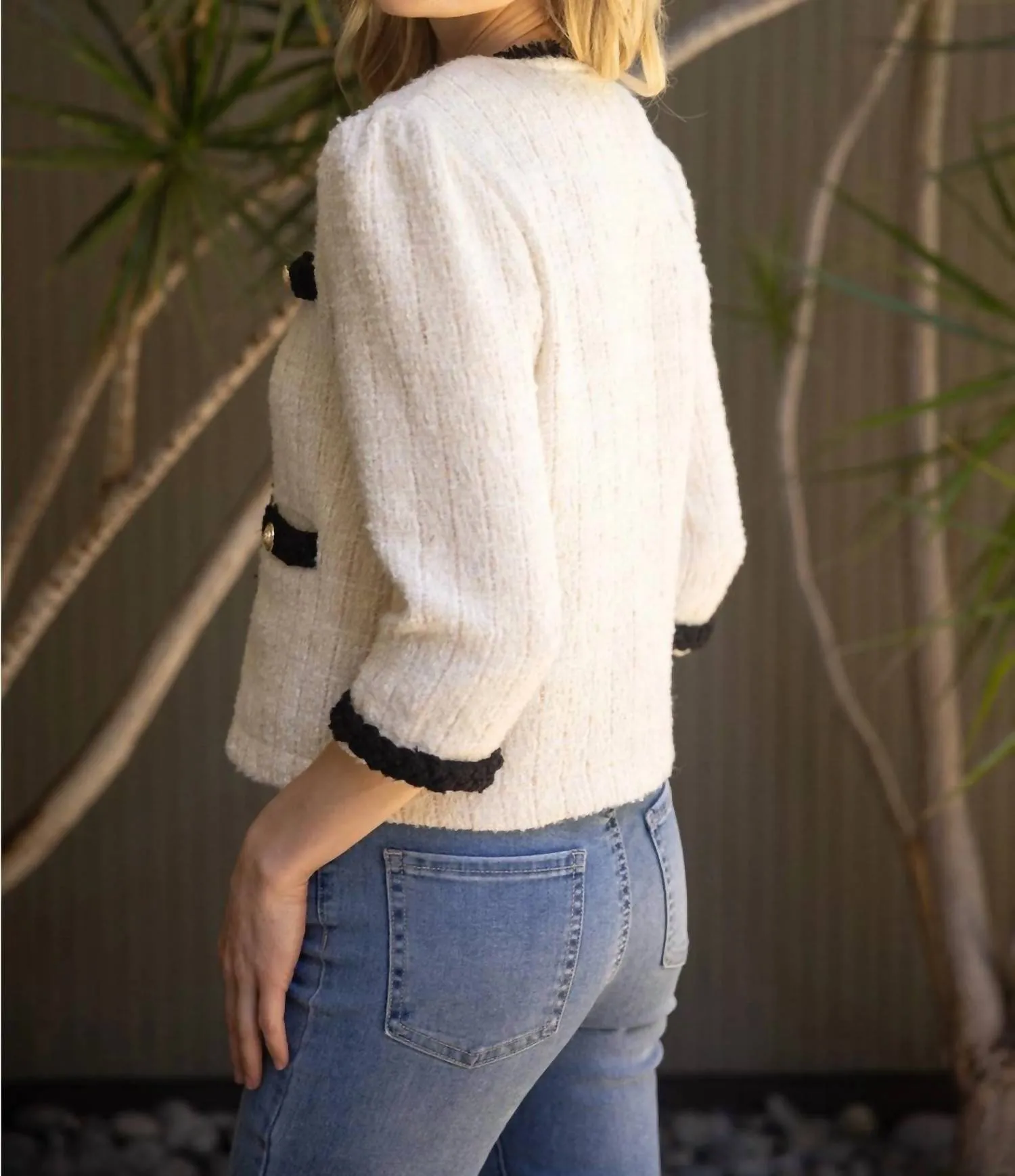 Contrast Braid Gold Button Tweed Jacket In Cream