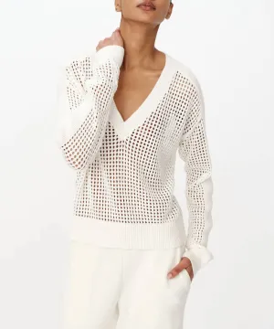 Cotton-Cashmere Stitch Vneck Sweater In Chalk