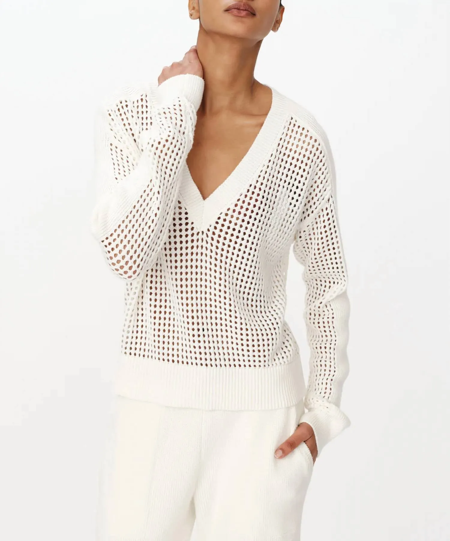 Cotton-Cashmere Stitch Vneck Sweater In Chalk