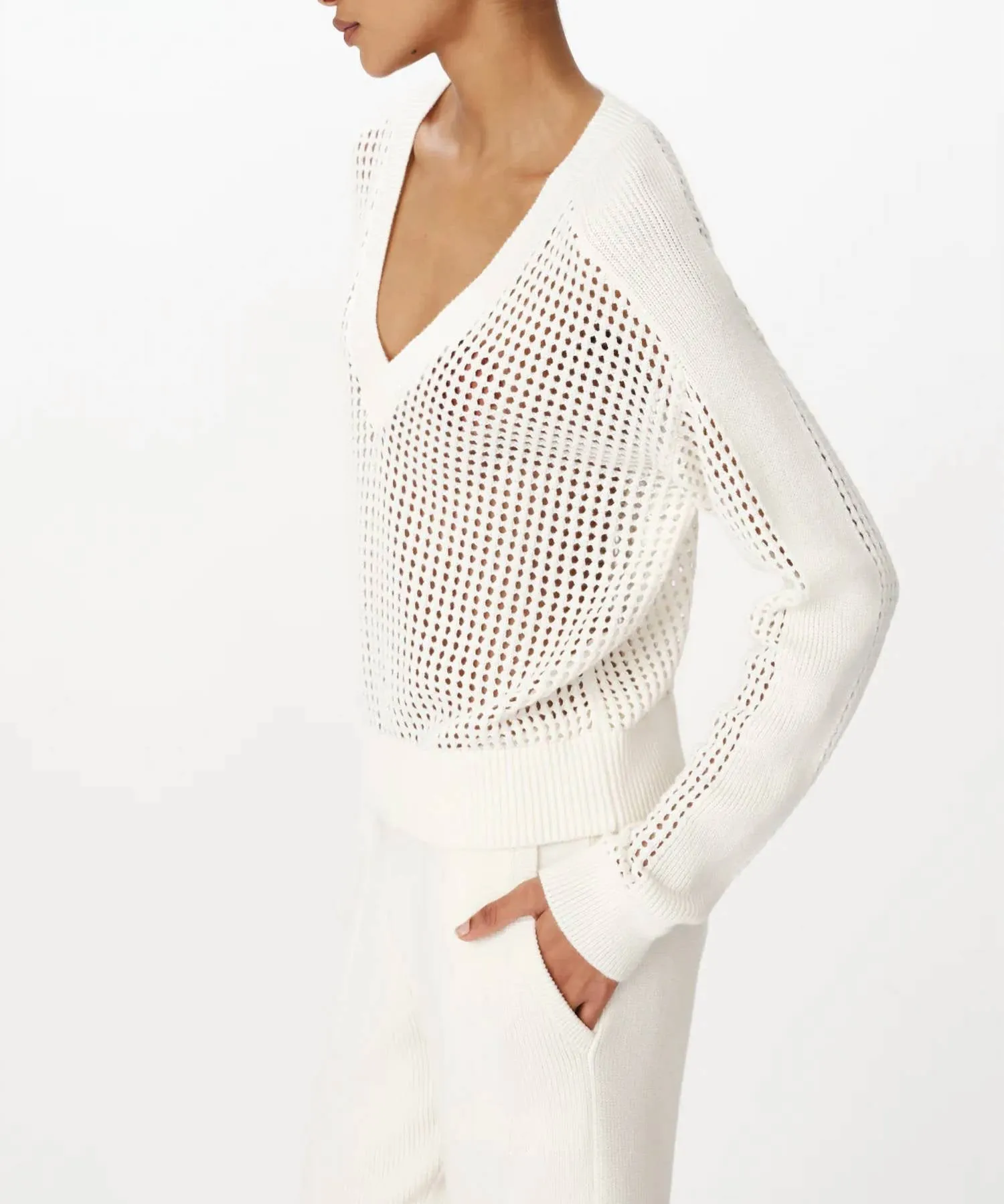 Cotton-Cashmere Stitch Vneck Sweater In Chalk