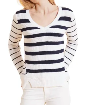 Cotton Striped Shaker Sweater In Navy