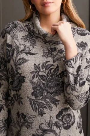 Cowl Neck Sweater In Cream Grey Melange-Black Floral