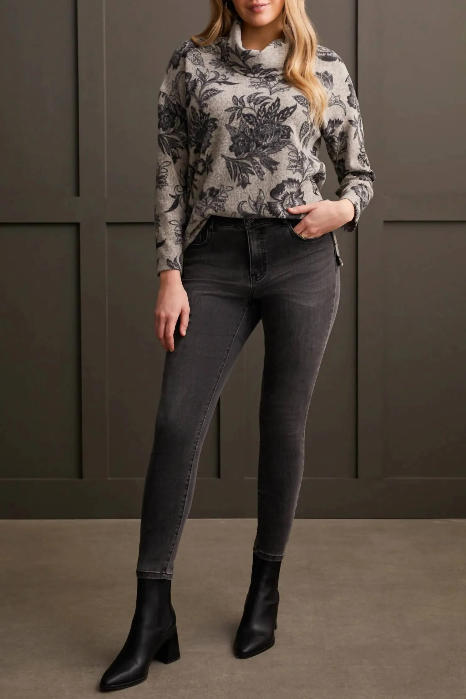 Cowl Neck Sweater In Cream Grey Melange-Black Floral