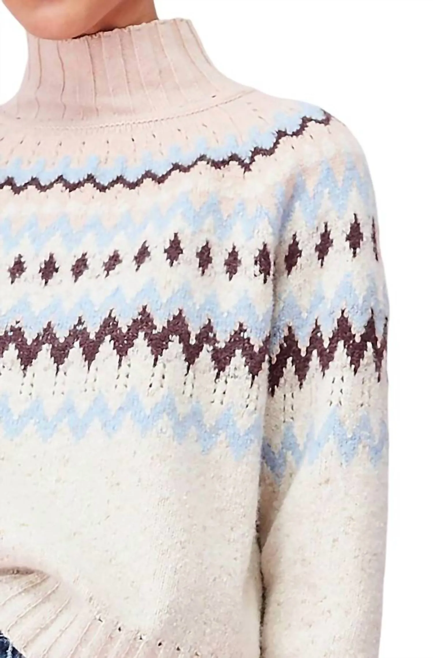 Cozy Wool Fairisle High Neck Pullover In Beige