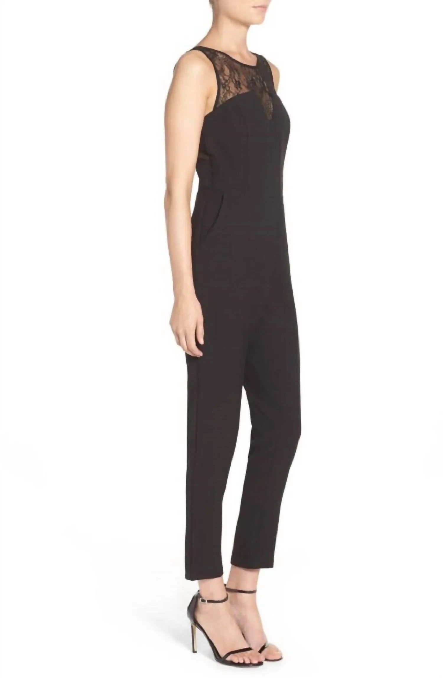 Crepe Lace Insert Sleeveless Jumpsuit In Black