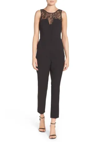 Crepe Lace Insert Sleeveless Jumpsuit In Black