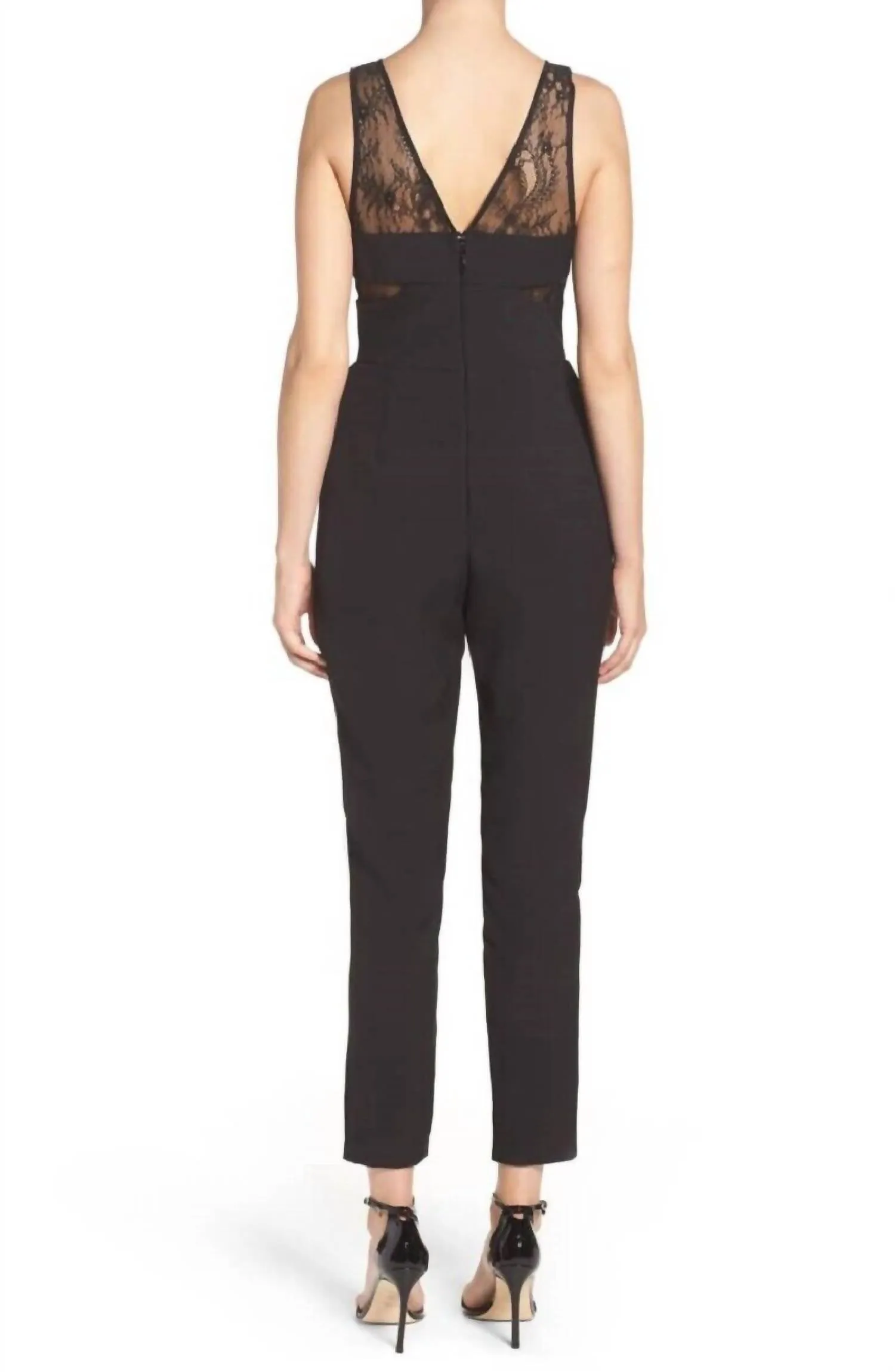 Crepe Lace Insert Sleeveless Jumpsuit In Black