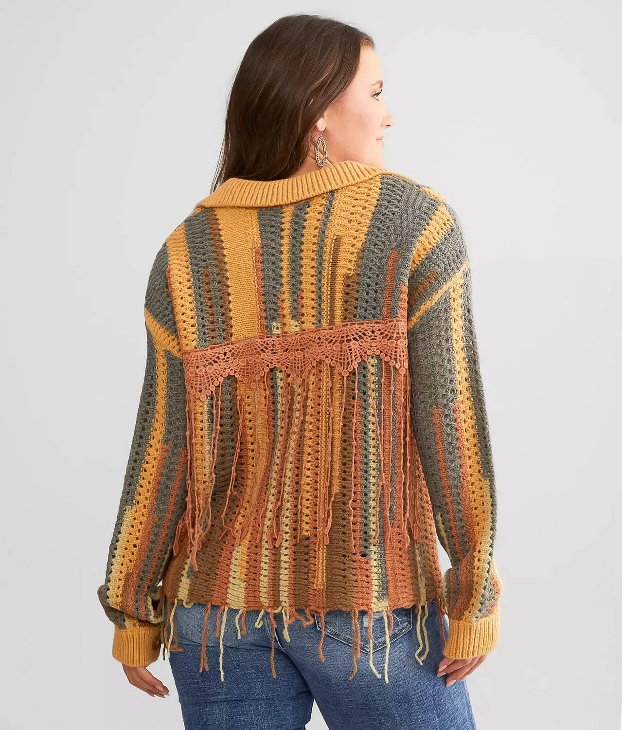 Crochet Fringe Open Cardigan In Rust Brown
