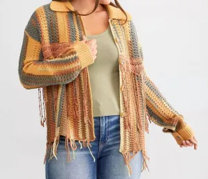 Crochet Fringe Open Cardigan In Rust Brown