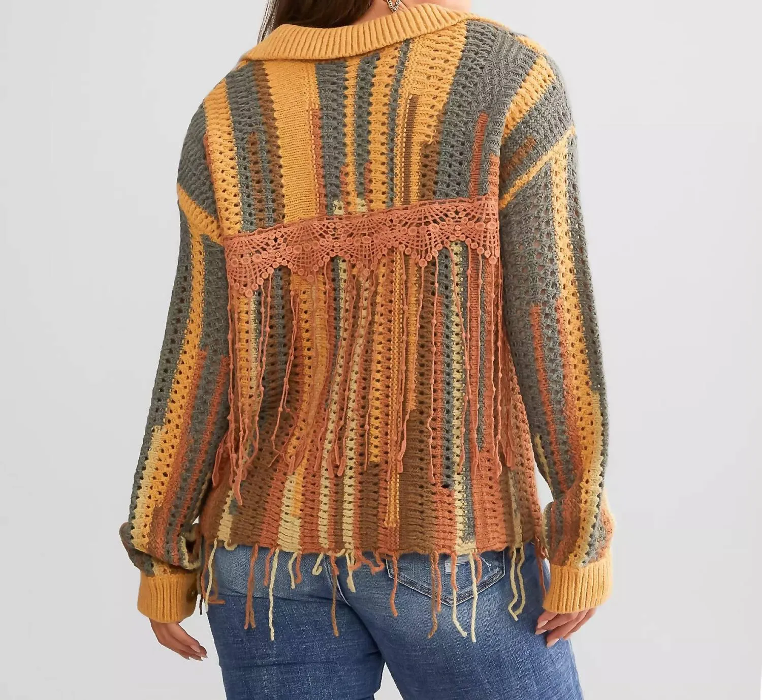Crochet Fringe Open Cardigan In Rust Brown
