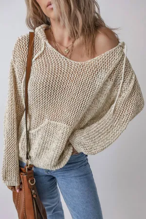 Crochet Knit Hooded Beachy Sweater In Cream