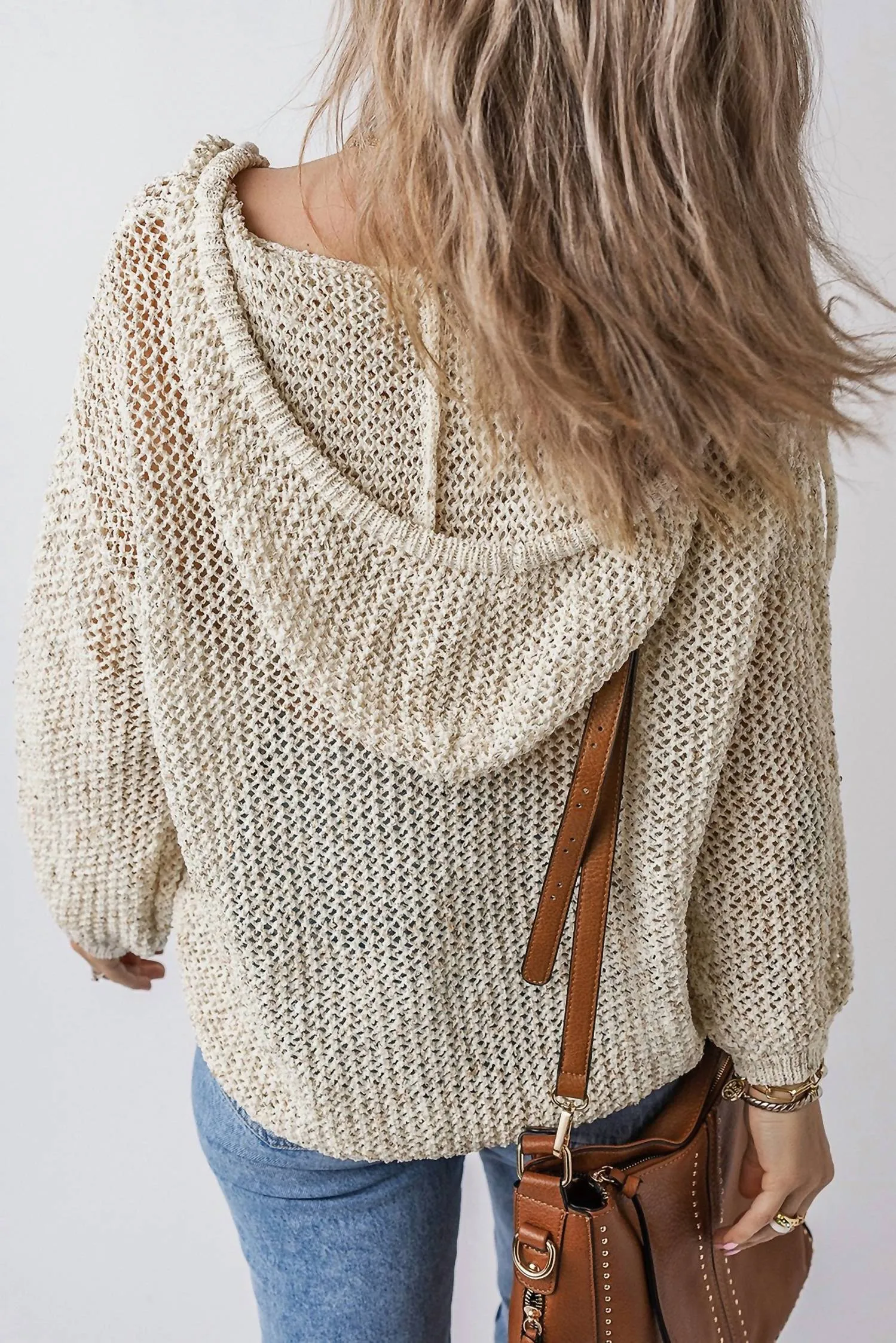 Crochet Knit Hooded Beachy Sweater In Cream