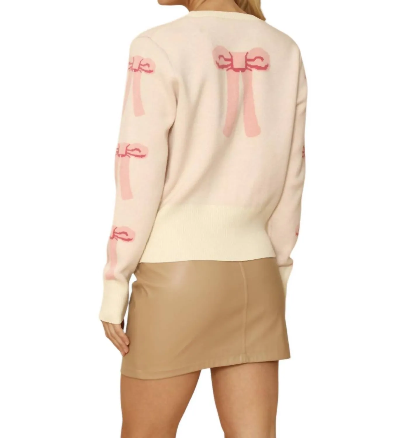 Cropped Knit Bow Cardigan With Pockets In Pink Multi