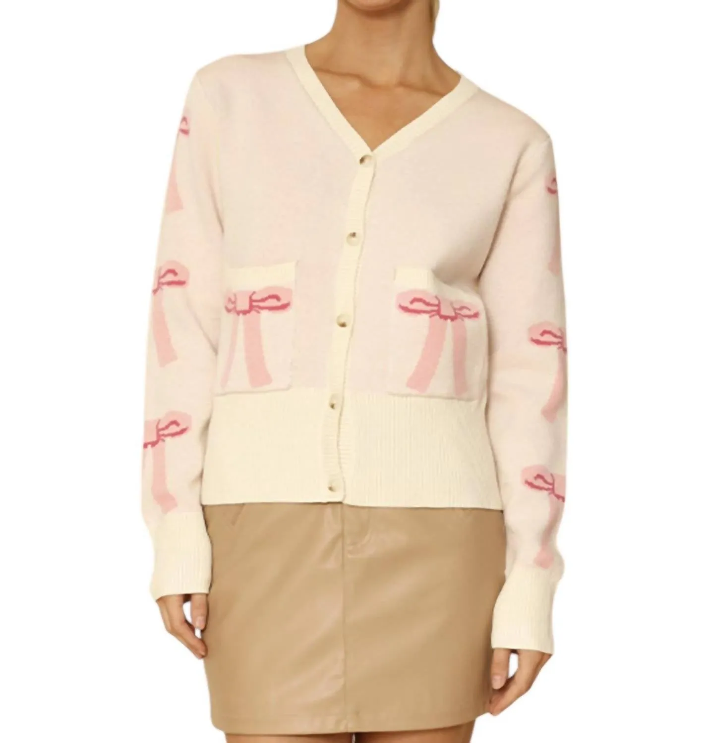 Cropped Knit Bow Cardigan With Pockets In Pink Multi