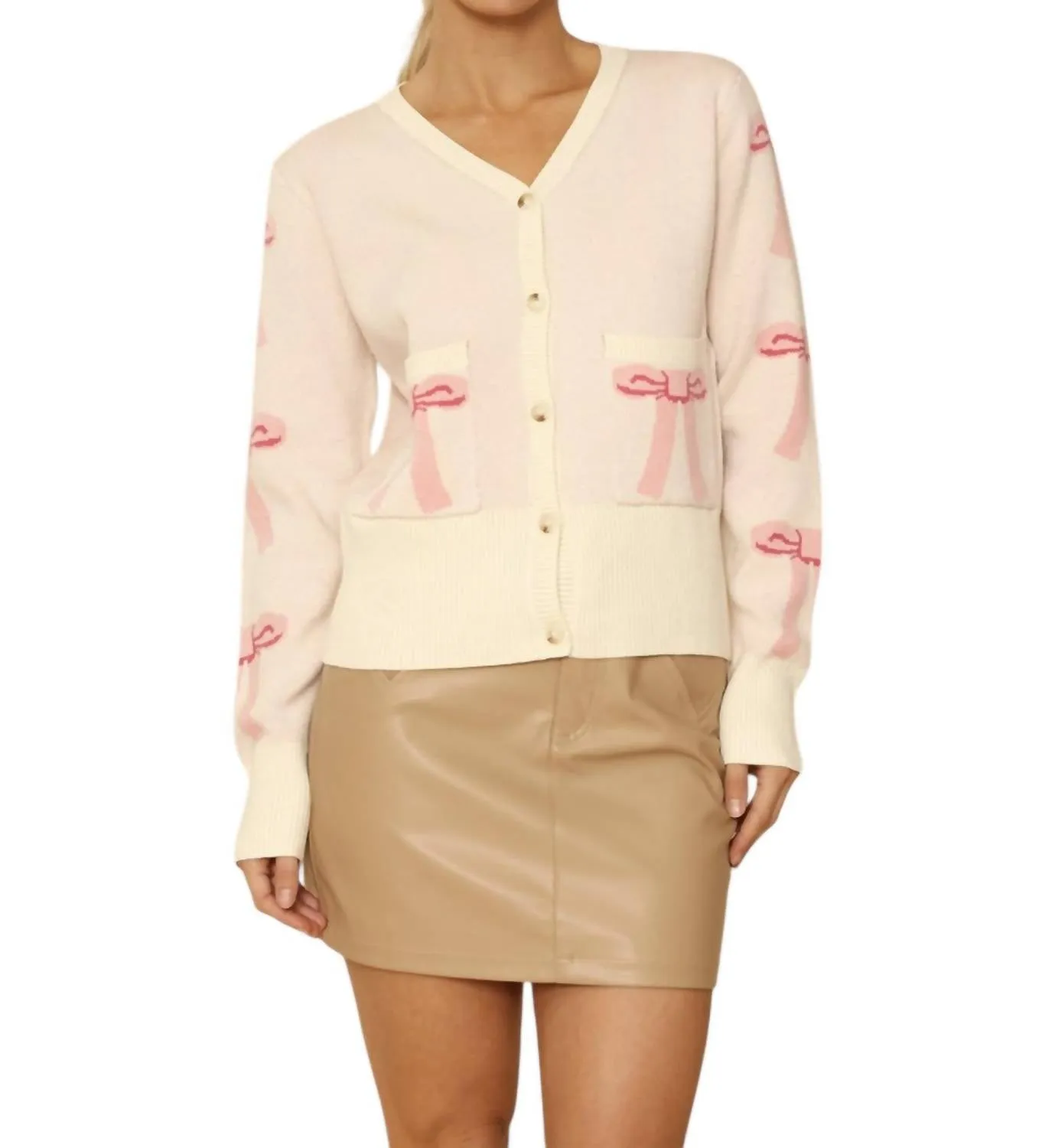 Cropped Knit Bow Cardigan With Pockets In Pink Multi