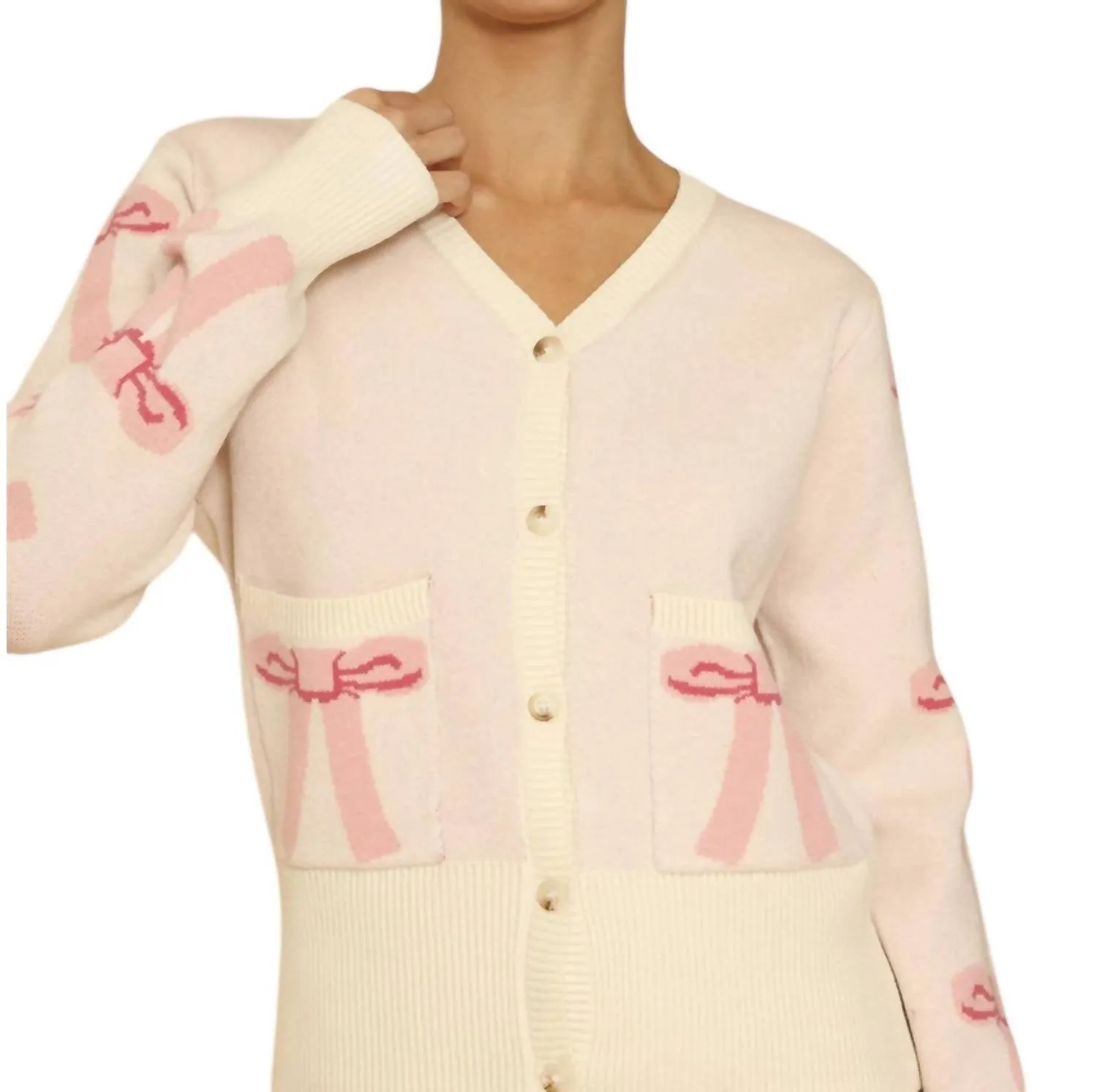 Cropped Knit Bow Cardigan With Pockets In Pink Multi