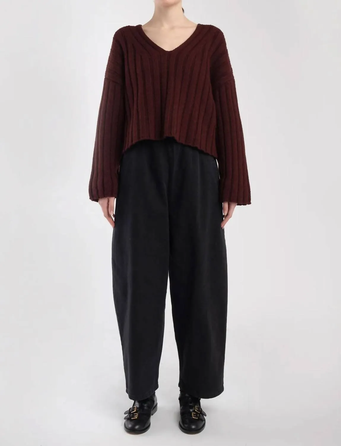 Cropped Rib Pullover In Plum