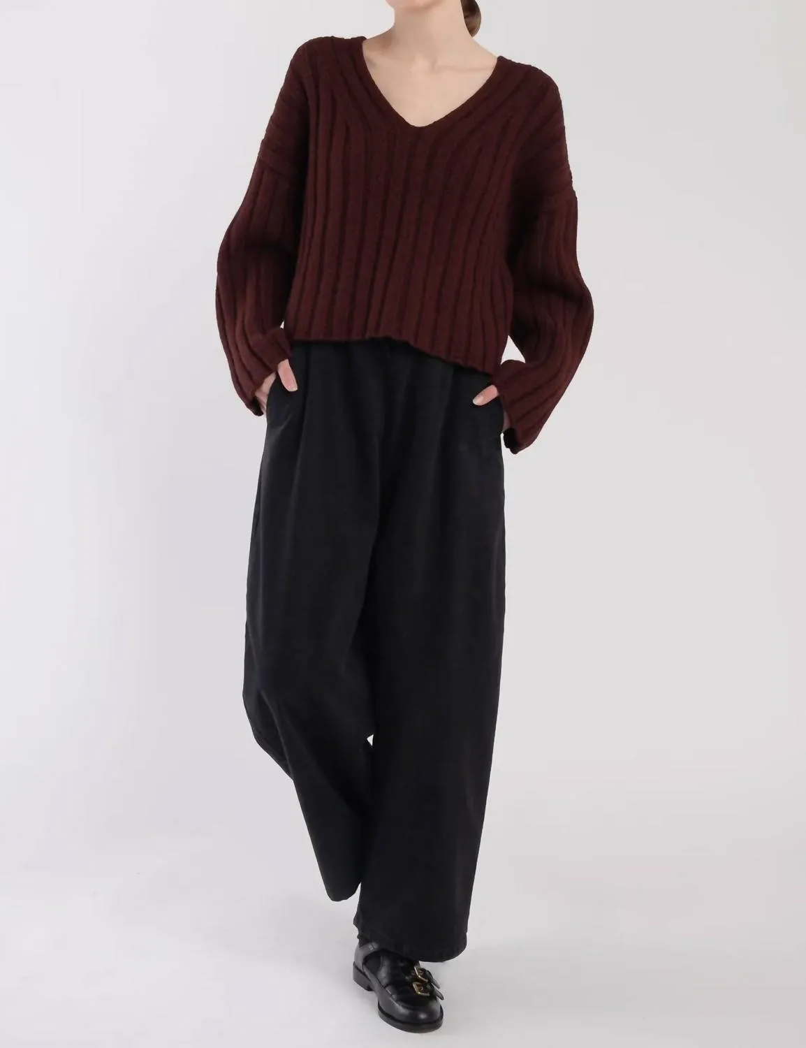 Cropped Rib Pullover In Plum