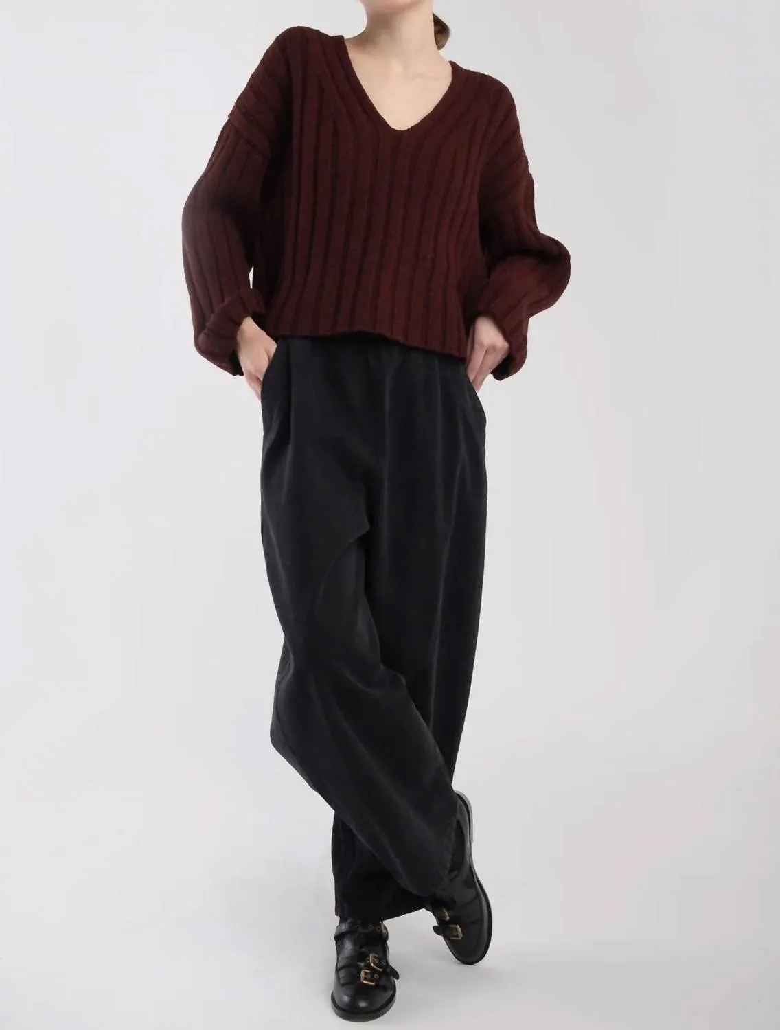 Cropped Rib Pullover In Plum