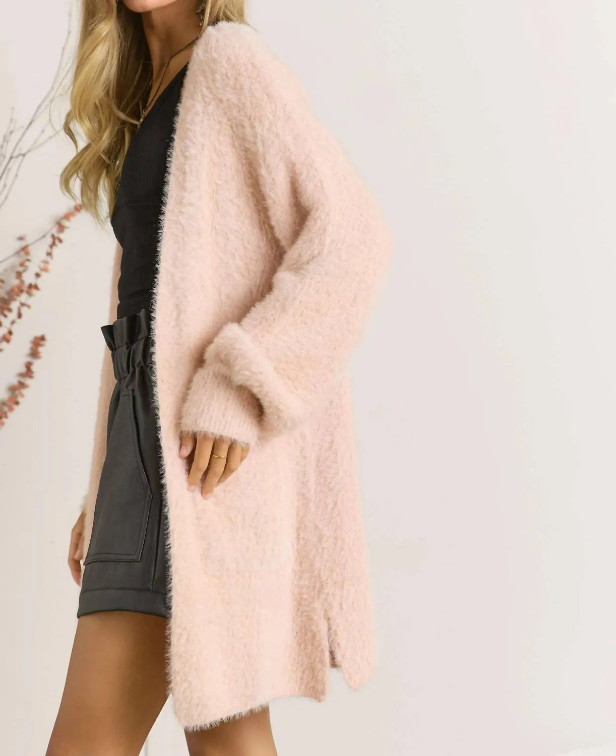 Curvy Fuzzy Solid Open Cardigan In Blush