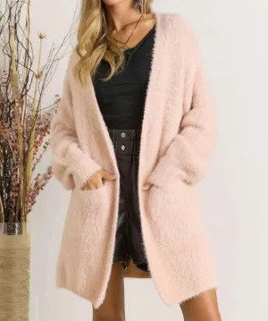 Curvy Fuzzy Solid Open Cardigan In Blush