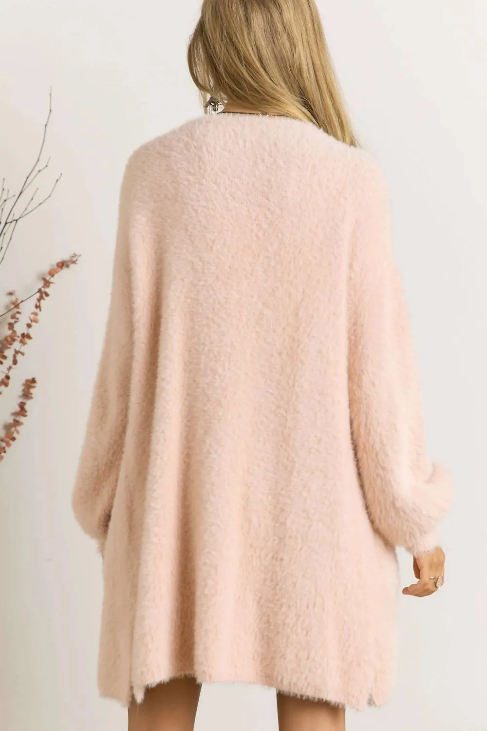 Curvy Fuzzy Solid Open Cardigan In Blush