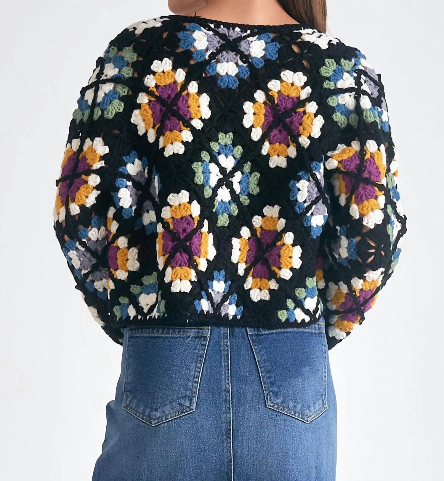 Daisy Crochet Sweater Cardigan In Black