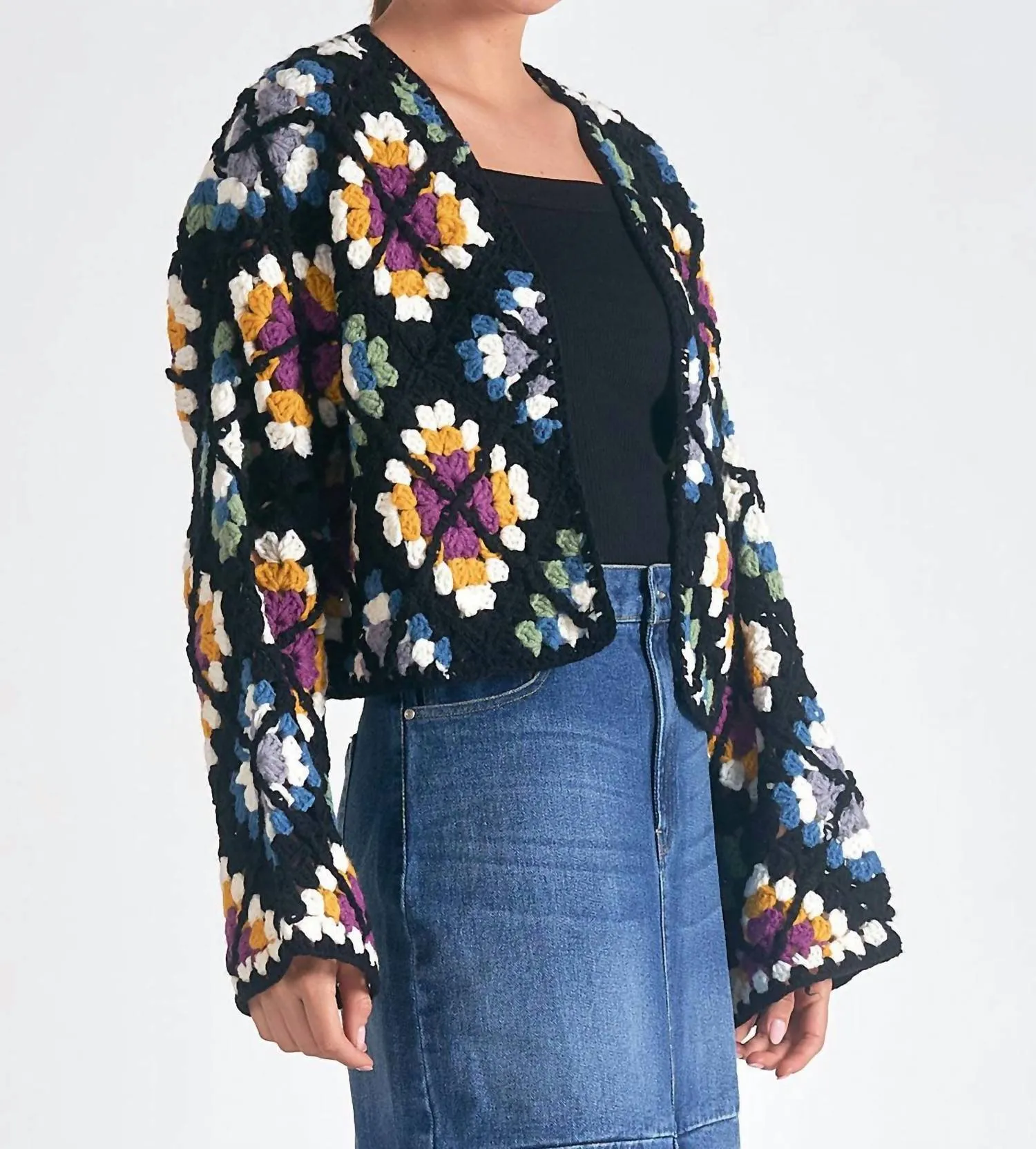 Daisy Crochet Sweater Cardigan In Black