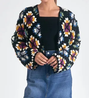 Daisy Crochet Sweater Cardigan In Black