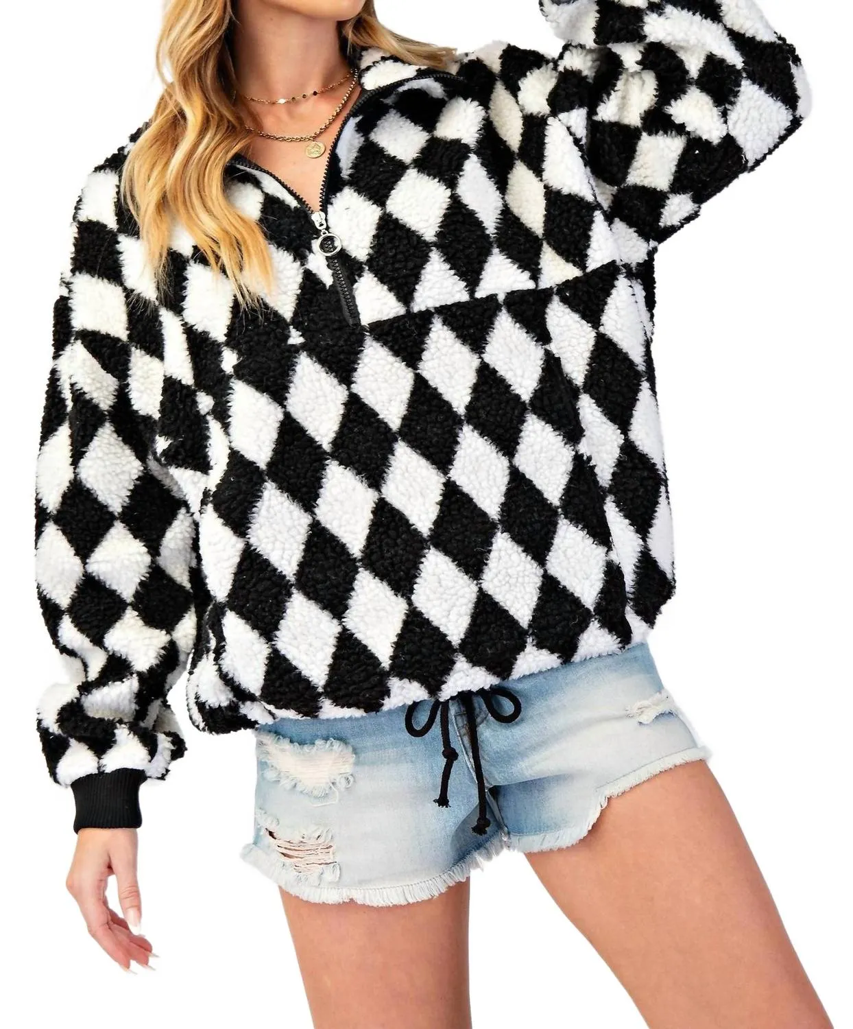 Diamond Zip Sherpa Pullover Jacket In Black/white