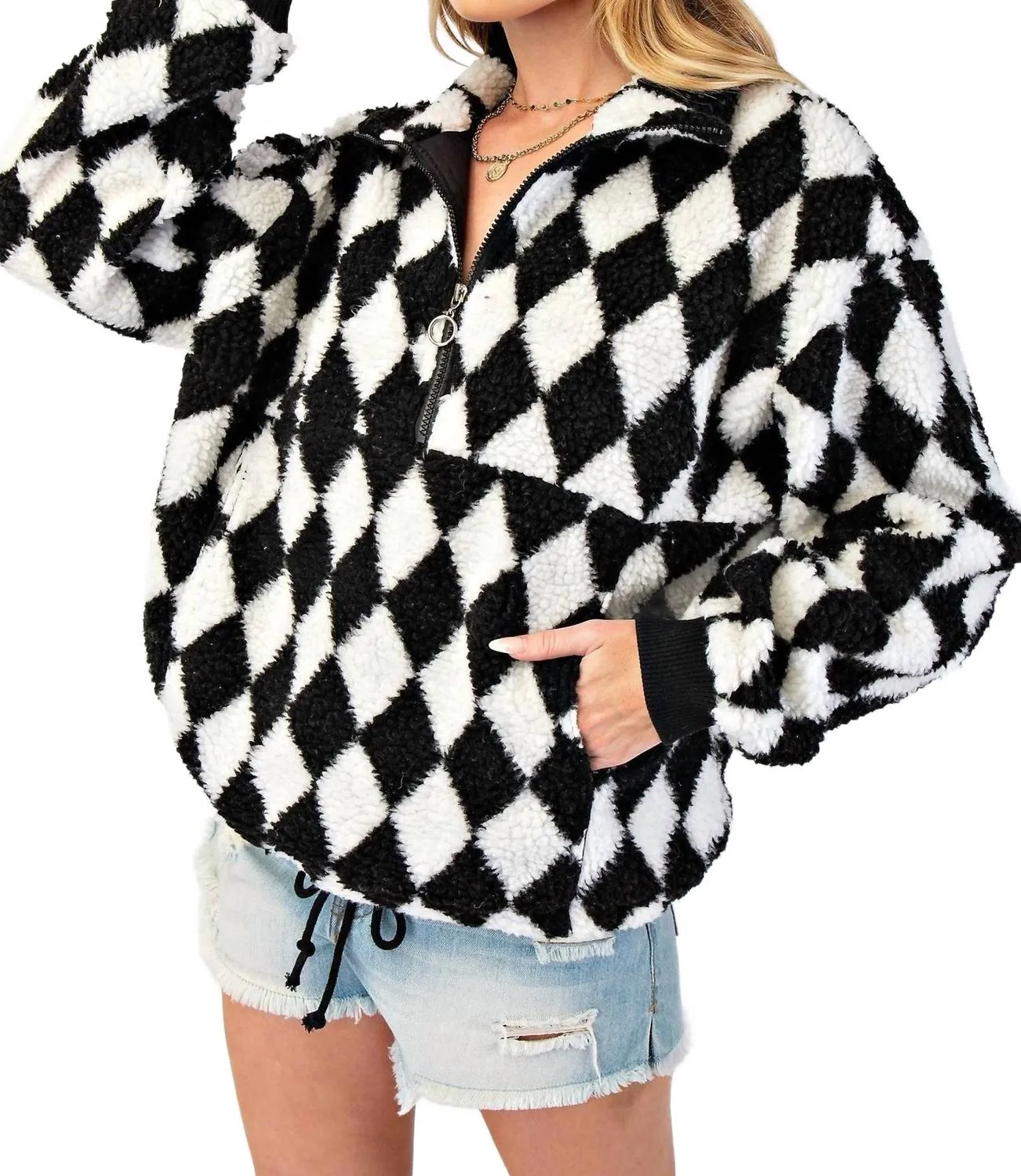 Diamond Zip Sherpa Pullover Jacket In Black/white