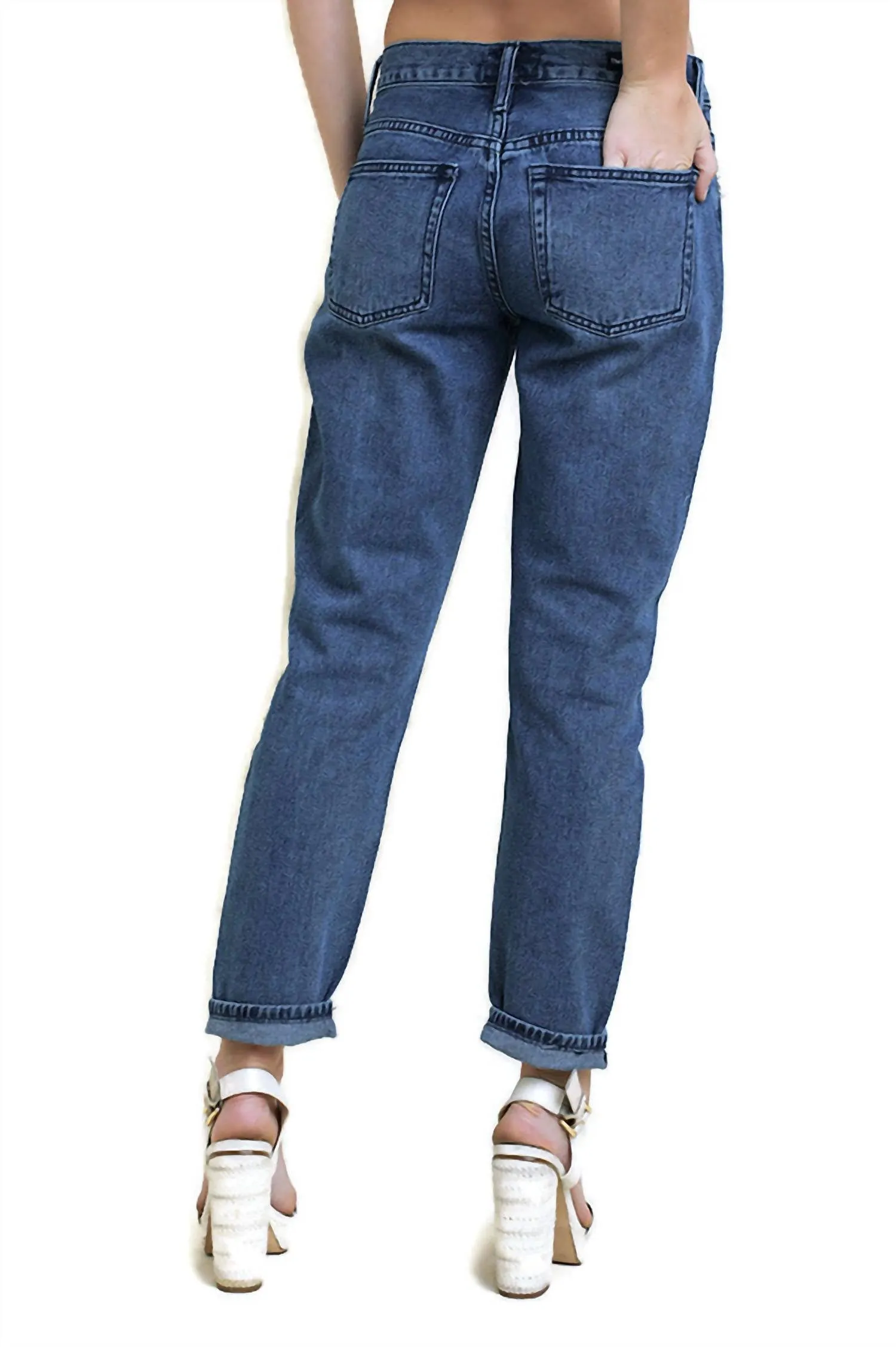 Distressed Patchwork Boyfriend Jean In Dark Denim