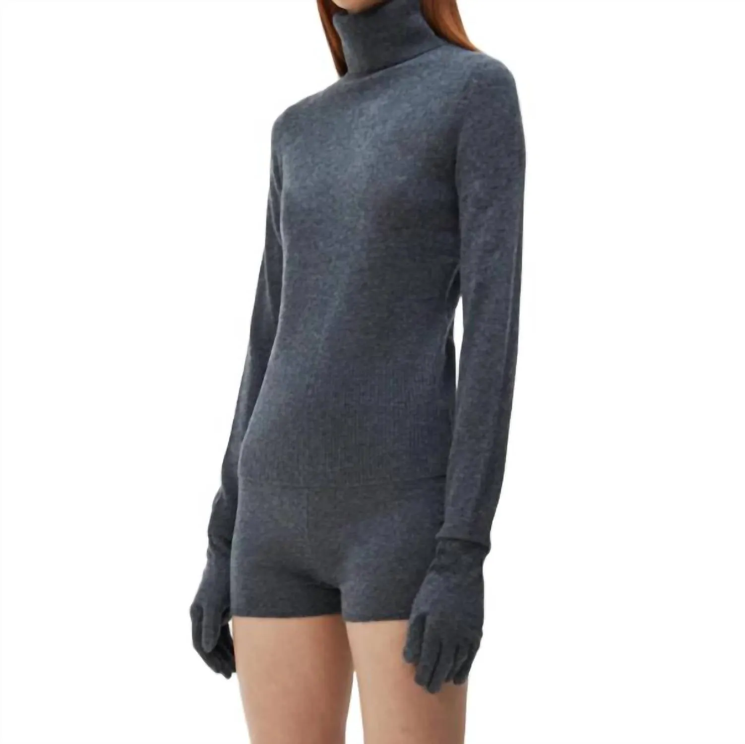 Dita Cashmere Turtleneck Sweater W/ Gloves In Charcoal Melange