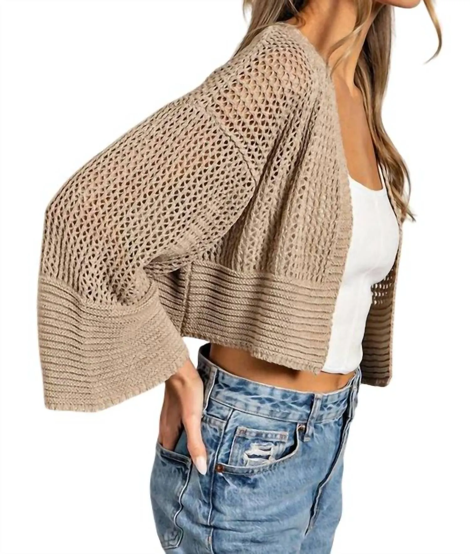 Eyelet Knit Sweater Cardigan In Oatmeal