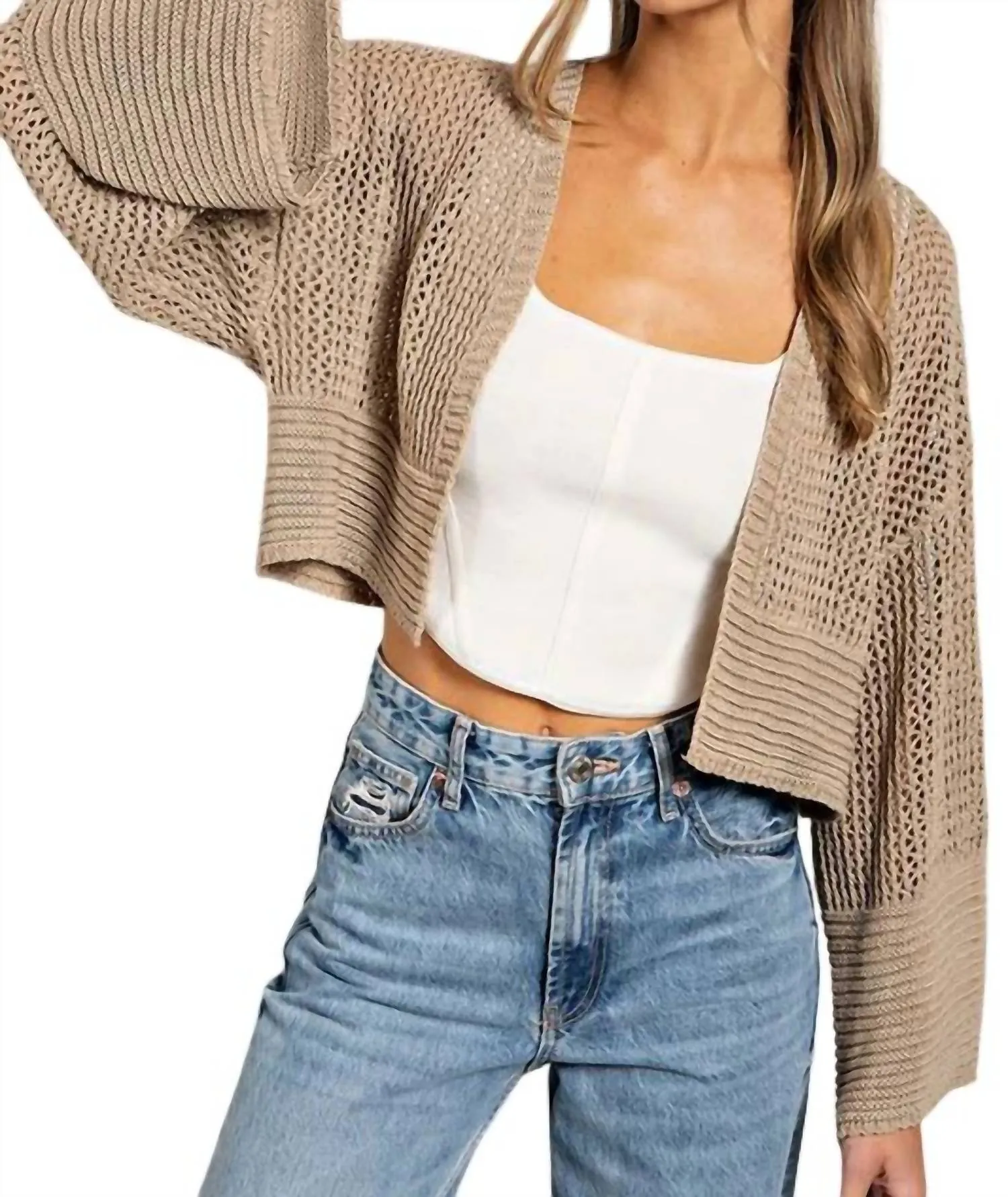 Eyelet Knit Sweater Cardigan In Oatmeal