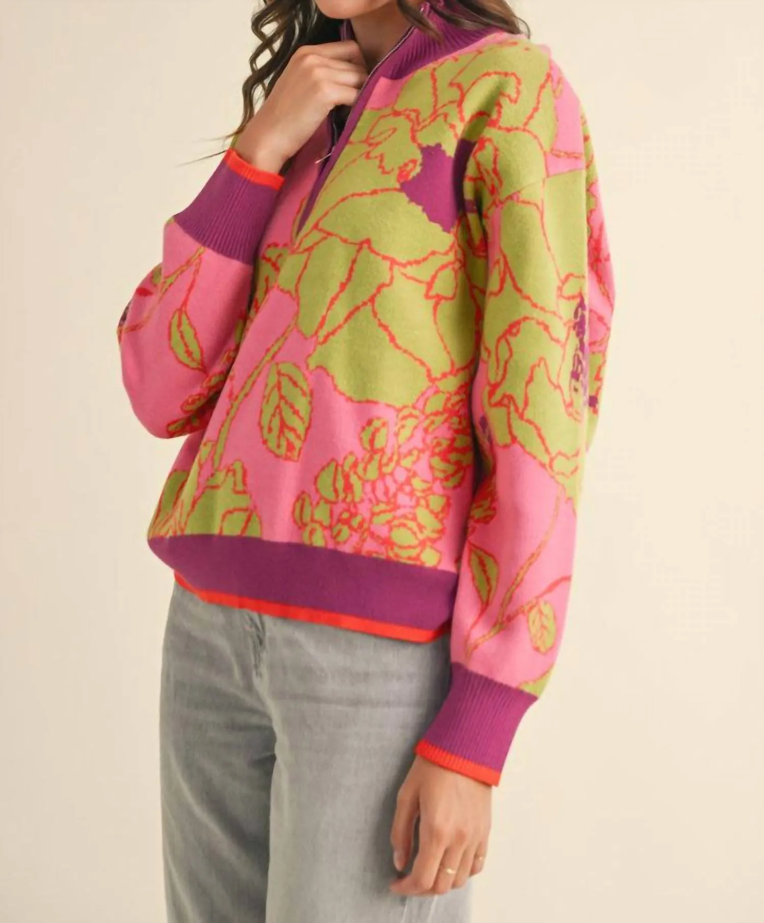 Fabulous Floral Sweater In Purple/green
