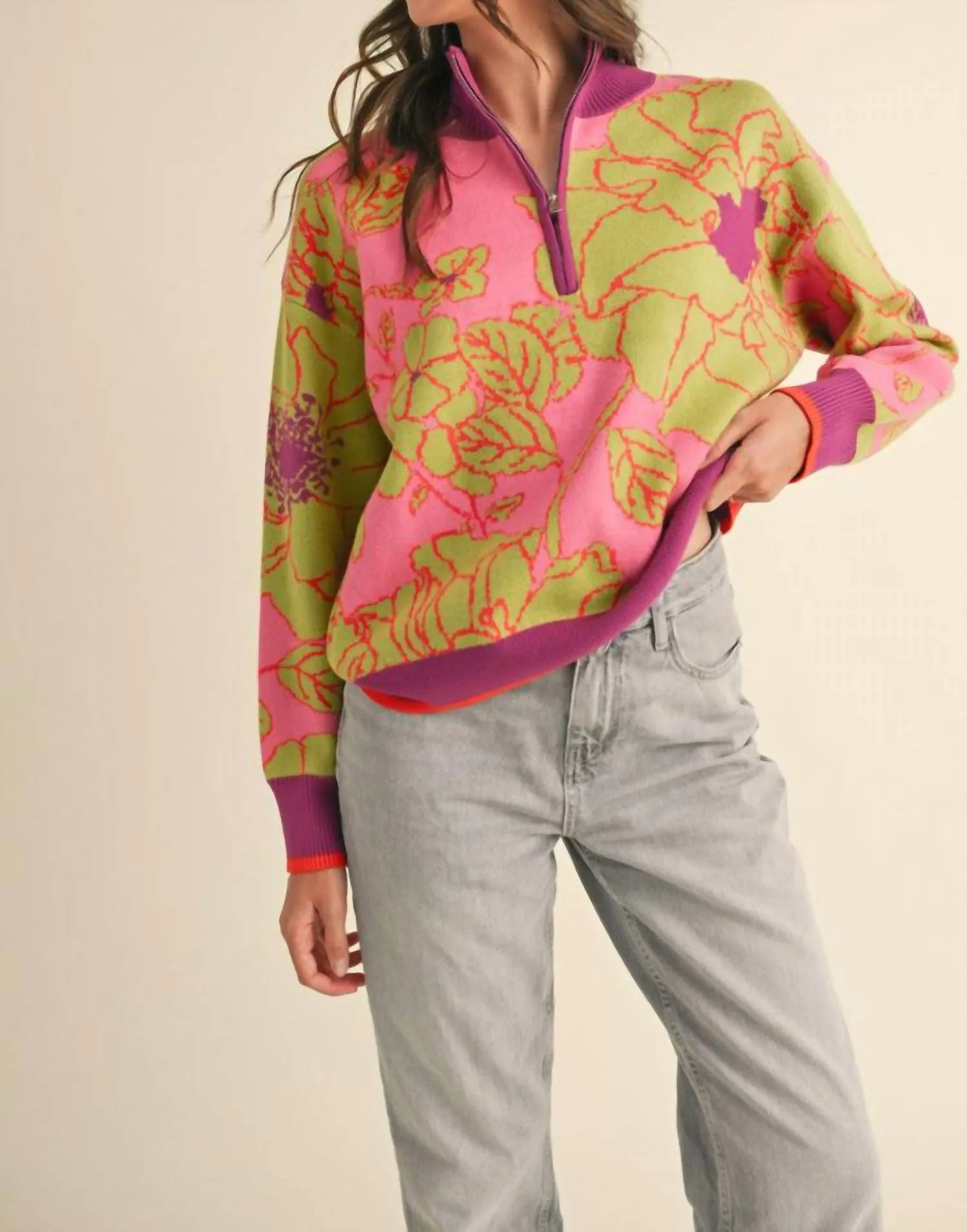 Fabulous Floral Sweater In Purple/green